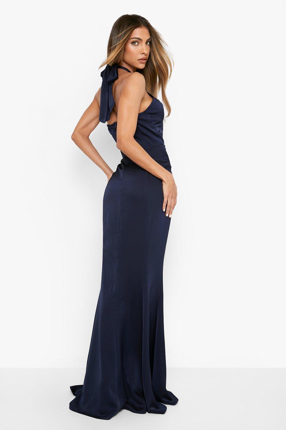 Navy satin long outlet dress